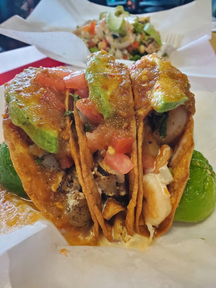 A taco dorado de camarón at Mariscos Rosarito.