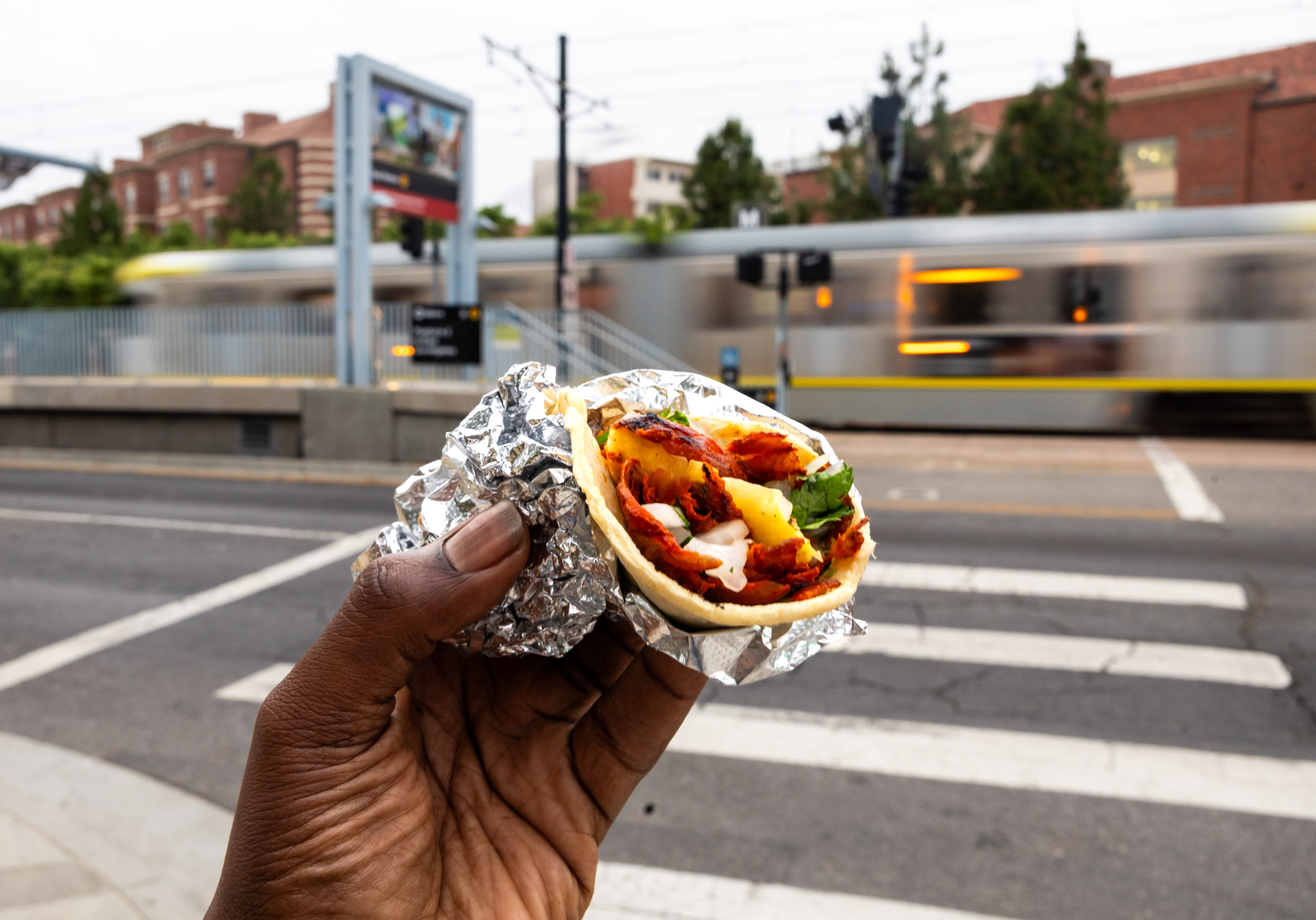 The al pastor taco from La Flamita Mixe at the Expo Park/USC Station. (Brian Feinzimer for L.A. TACO).