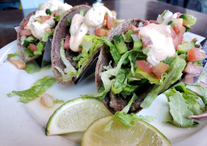 Grass-fed bison tacos on green Oaxacan corn tortillas at Sage Regenerative Kitchen