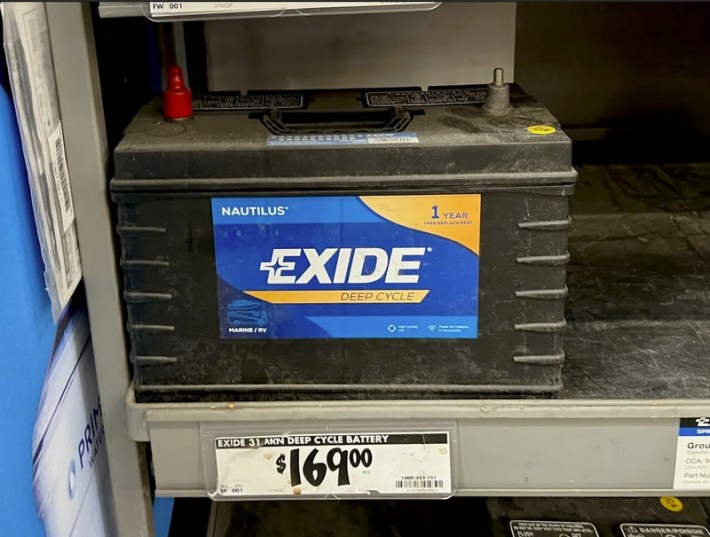 An Exide branded deep cycle battery, for sale at a big-box retailer, in 2024.