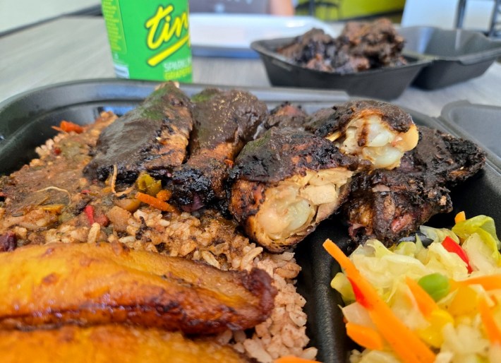 Jerk chicken with rice and peas and plantains at Jerk Stop, West L.A.