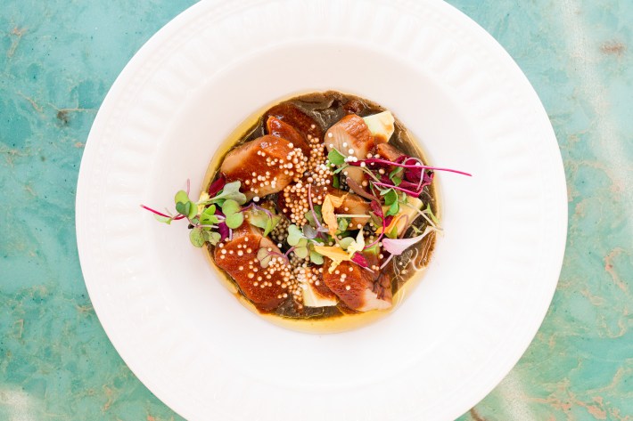 A white plate of king mushroom ceviche