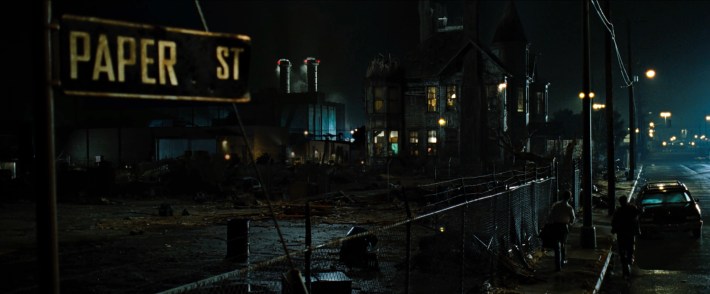 Jack (Edward Norton) and Tyler walk toward the Paper St house. Schuler worked with the Harbor Generating Station to get smoke to come out of the stacks for the shot. Screenshot via Twentieth Century Fox.