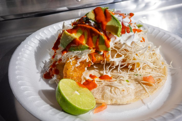 A shrimp taco at Mariscos San Juan de Los Lagos in East LA