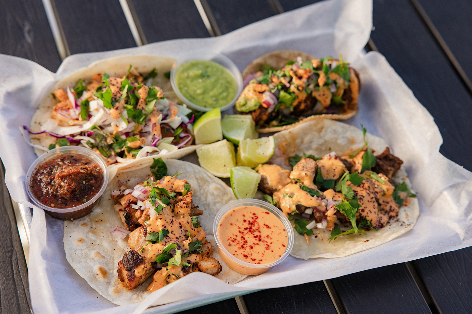 A sampling of tacos from Mideast Tacos in Silver Lake.