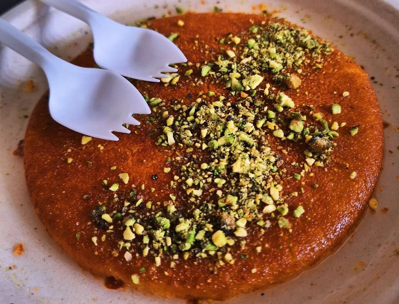 Pistachio-topped Nablus-style knafeh at Mrs. Knafeh