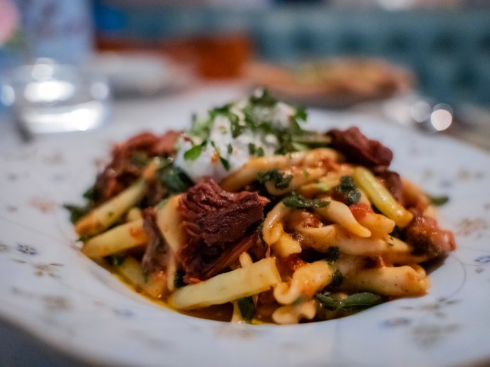 A plate of jackfruit barbacoa pasta from Olivia in Koreatown, Los Angeles