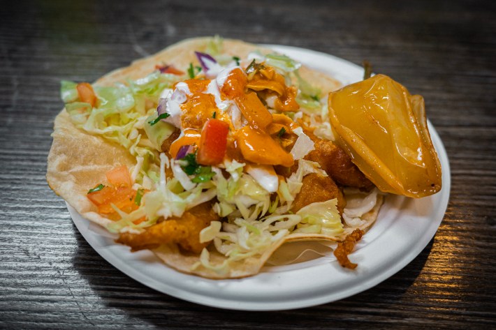 Baja-style fish tacos at Tacos Baja in Whittier, covered in chopped chiles and cabbage