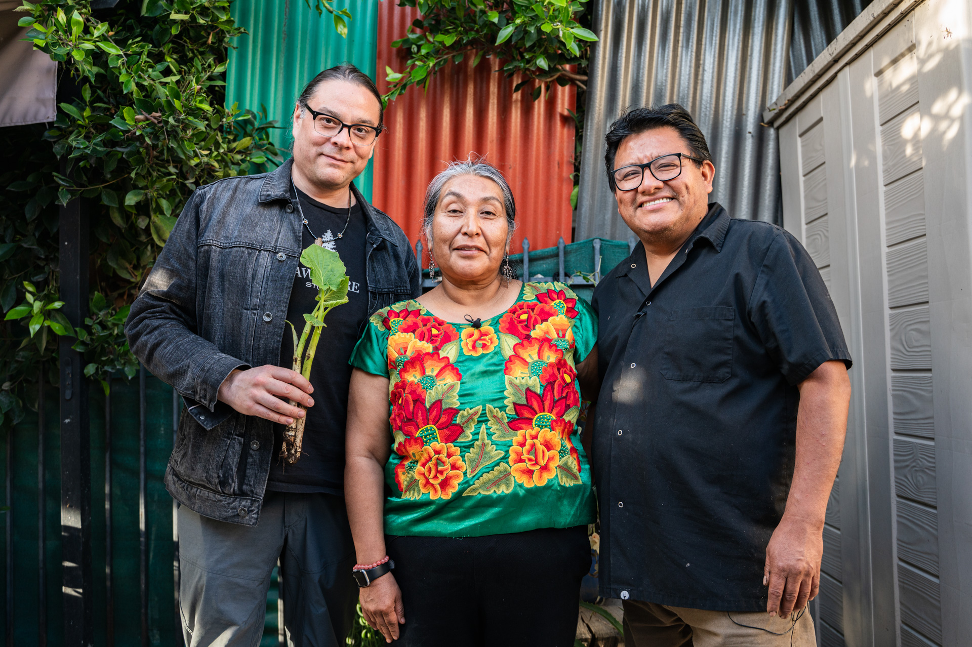 The Sioux Chef Sean Sherman and Odilia Romero and Alfonso Martinez. Photo by Memo Torres for L.A. TACO.